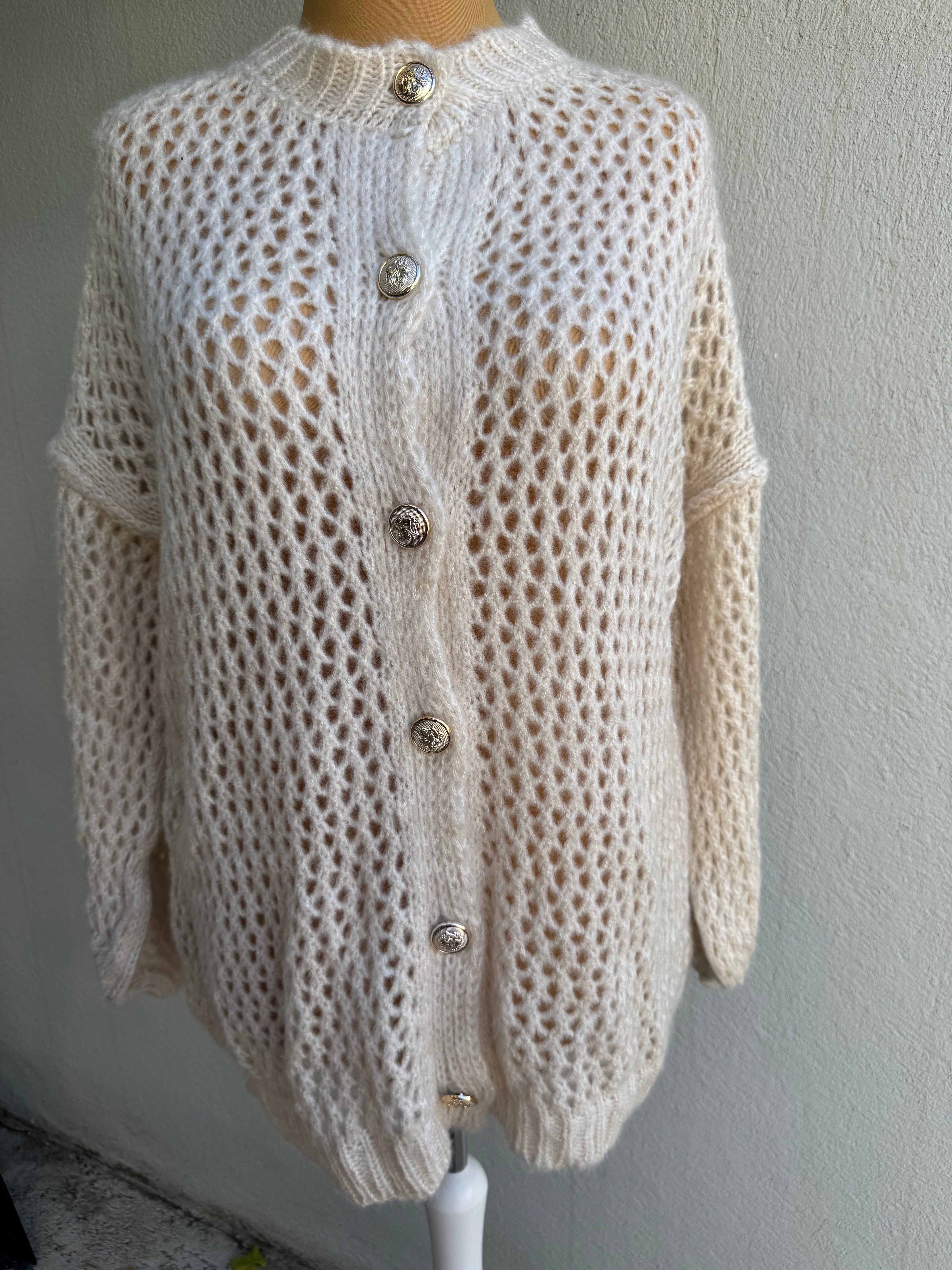 Gilet grosse maille beige et doré