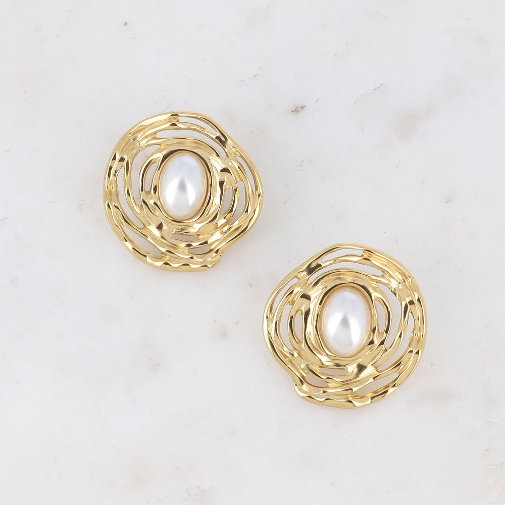 Boucles puces  bohm- pierre naturelle ovale et pièce motif tourbillon