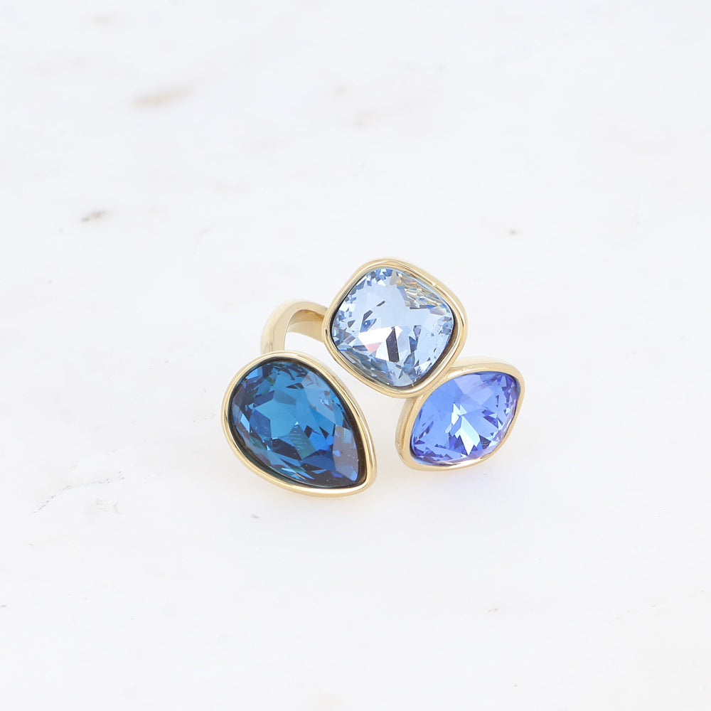 Bague ouverte - 3 cristaux taillés, goutte et carrés 10mm - monture dorée et rhodium